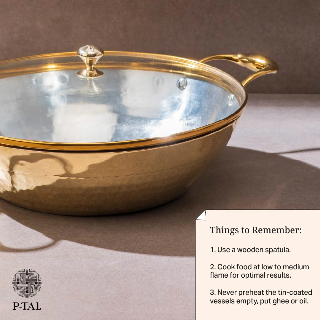 Set of 3 Brass Woks with Glass lids/Kadhai (Circular & Deep cooking/ serving Utensil) - 1L round, 3L round and 3L flat 6 Pieces Set - Image 7